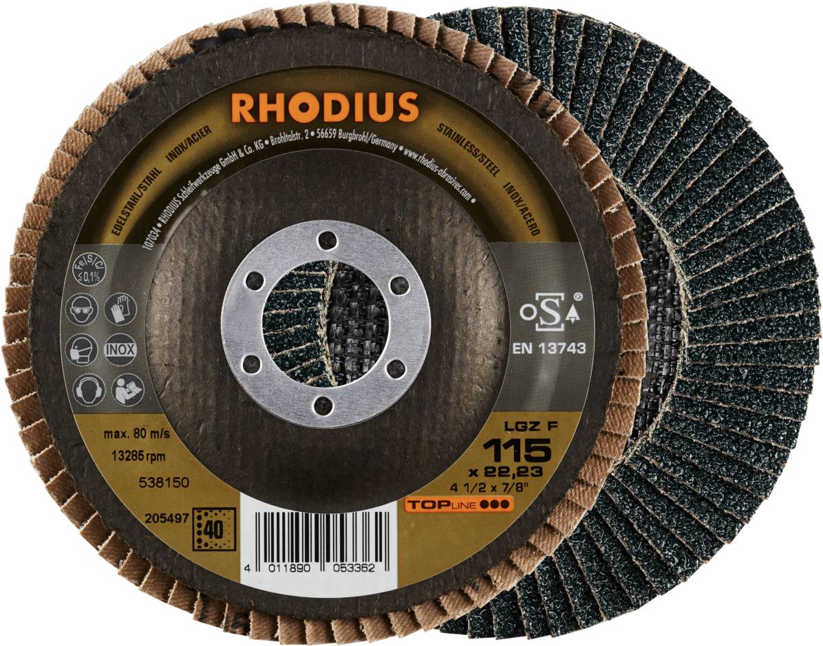 'RHODIUS' Schleifscheibe, Modell 'LGZ F', maximal 90 m/s, 13.286 U/min, Durchmesser 115 mm, EN 13743. Geeignet für Stahl/Edelstahl.