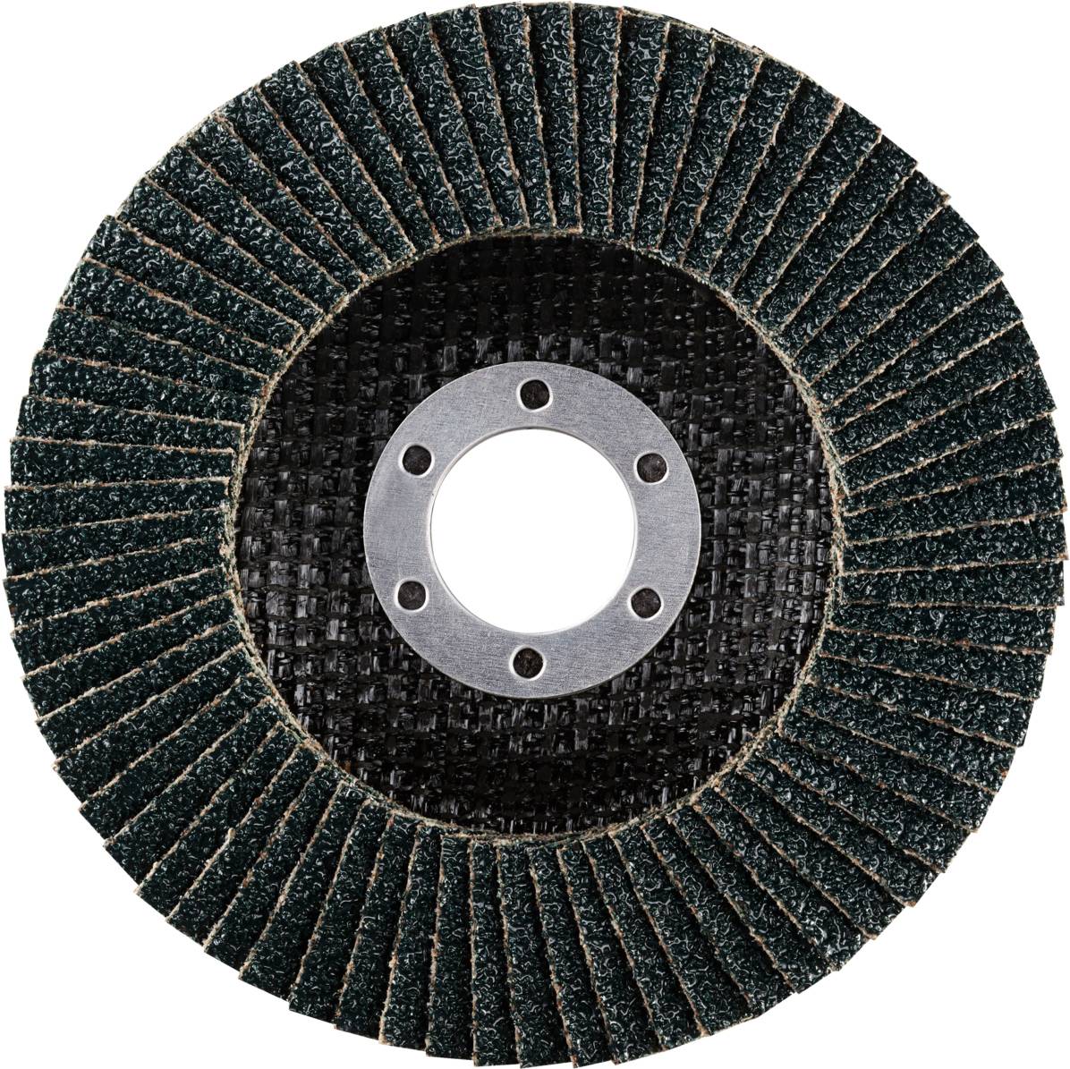 Eine Schleifscheibe ausgebreitet in Vogelperspektive, mit gleichmäßig angeordneten Lamellen um ein zentrales Loch.