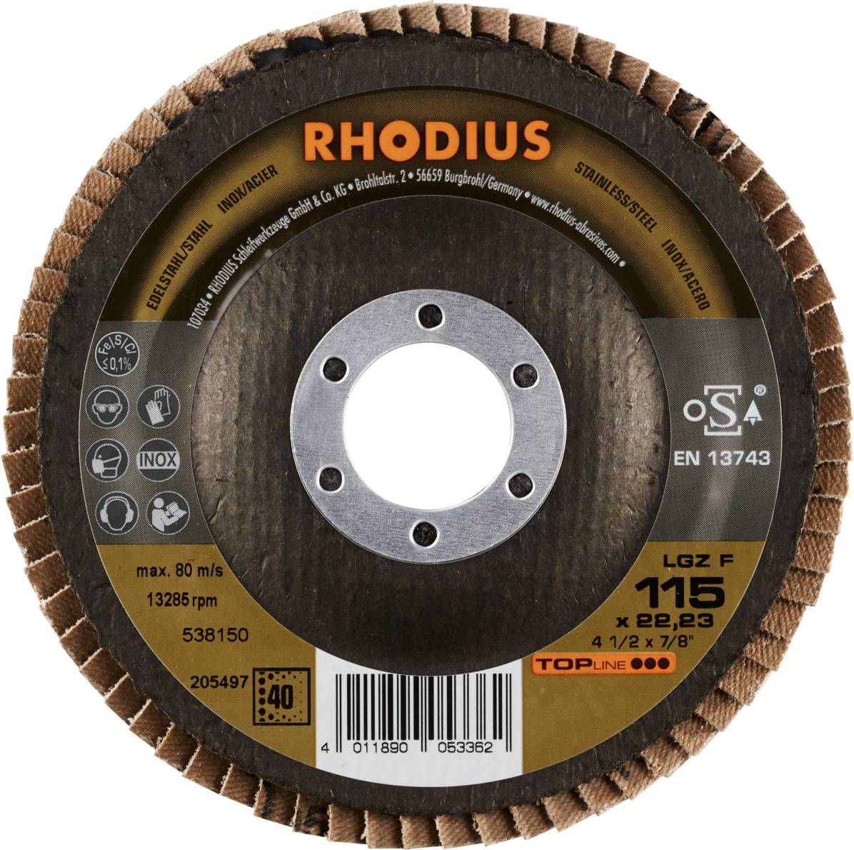 'RHODIUS' Schleifscheibe, max. 80 m/s, 13285 U/min, 115 x 22,23 mm, Edelstahl/Stahl, EN 13743 zertifiziert.