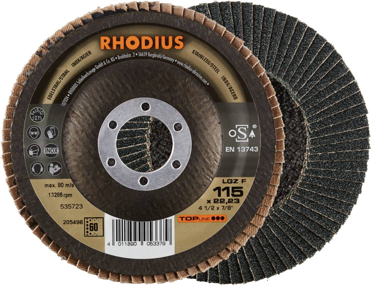 'RHODIUS' Schleifscheiben, geeignet für Edelstahl und Stahl, Geschwindigkeitsangabe bis 13286 U/min, Durchmesser 115 mm.