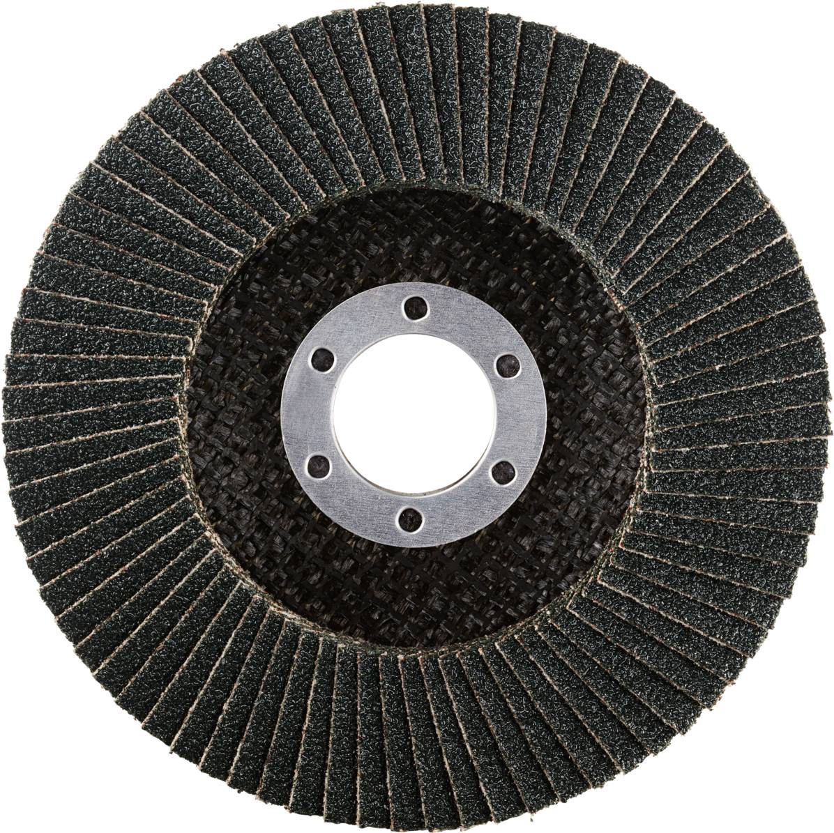 Schleifscheibe mit radial angeordneten Schleifleinen um ein zentrales Metallloch, verwendet zum Glätten von Oberflächen in der Metallverarbeitung.