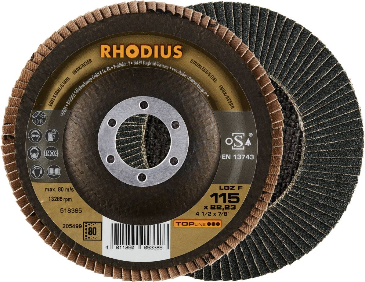 Schleifscheibe mit der Aufschrift 'RHODIUS'. Angaben: max. 80 m/s, 13286 rpm, 115 x 22,23 mm. Geeignet für Metallbearbeitung.