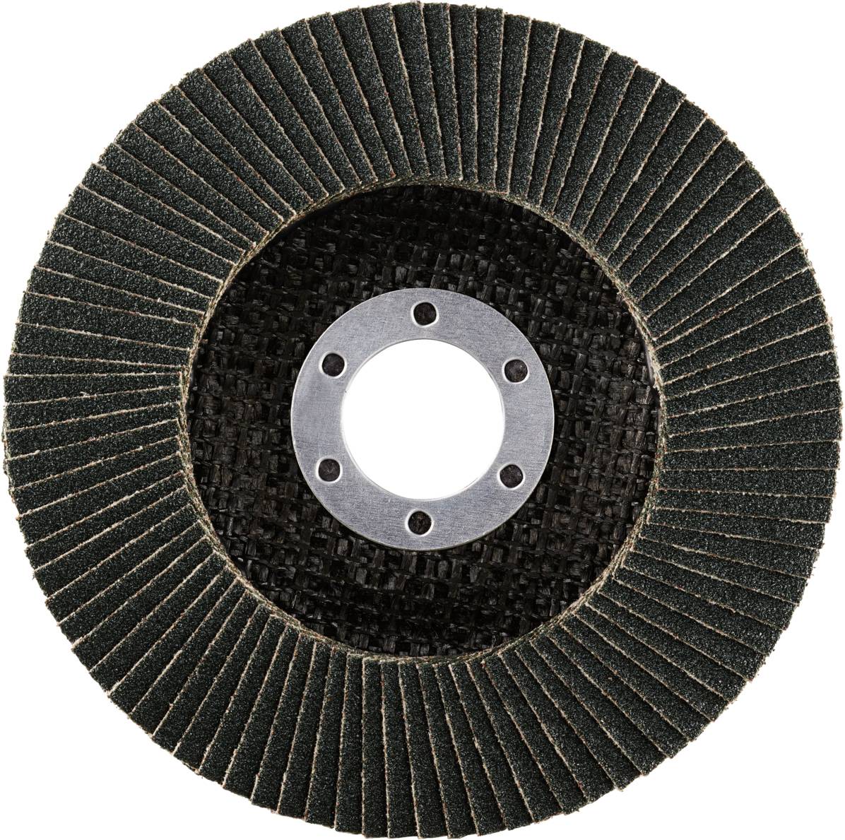 Schleifscheibe mit vielen Lamellen aus Schleifpapier, kreisförmig angeordnet um ein Loch in der Mitte, auf weißem Hintergrund.