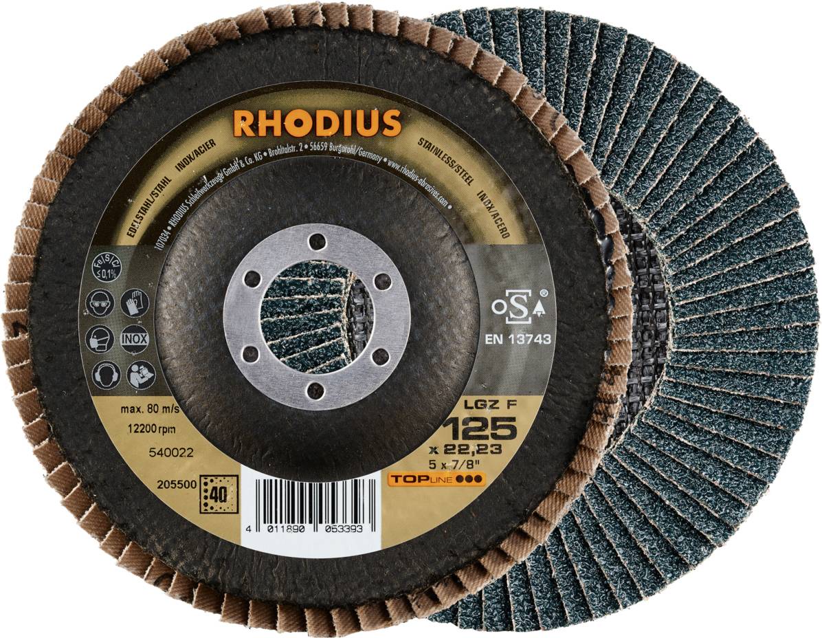 Schruppscheibe mit markanten blauen Lamellen und zentraler Metallbefestigung. Aufschrift: 'RHODIUS', zeigt Größe und technische Details.