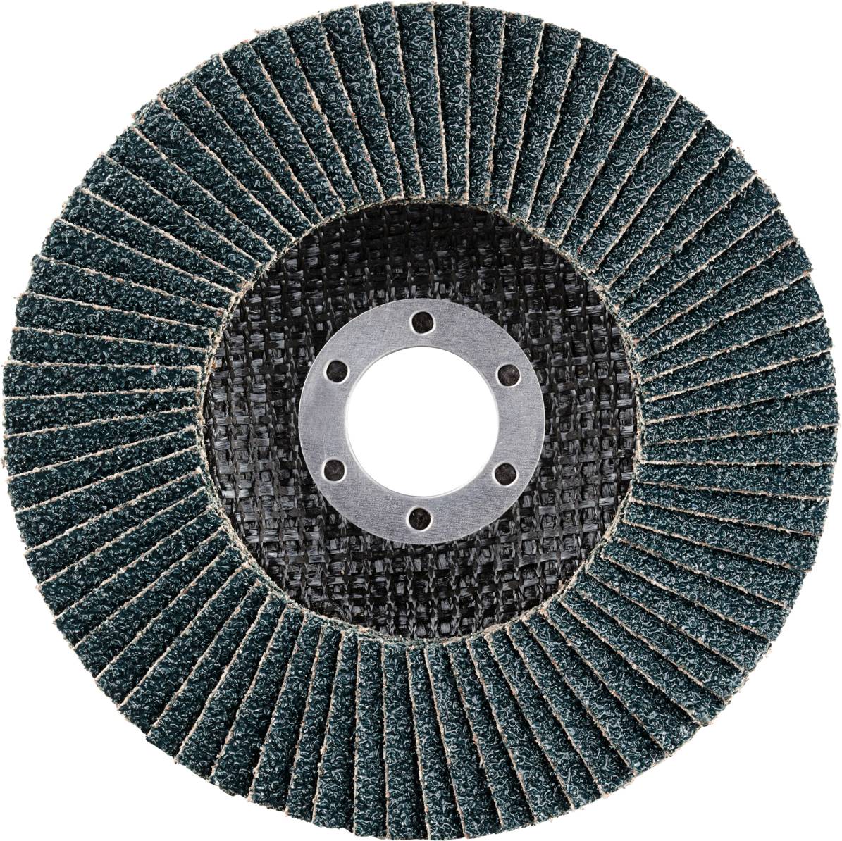 Schleifscheibe mit radialen, gleichmäßig angeordneten Lamellen, zentraler Befestigungslochung. Geeignet für Metall- und Holzbearbeitung.