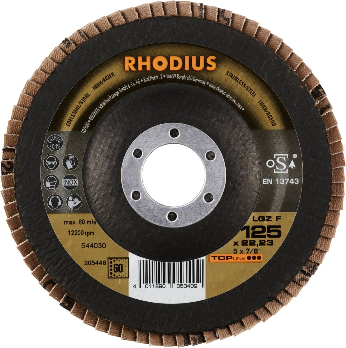 Schleifscheibe mit der Aufschrift 'RHODIUS', geeignet für Edelstahl und Stahl, max. 80 m/s, 12200 U/min, Durchmesser 125 mm.