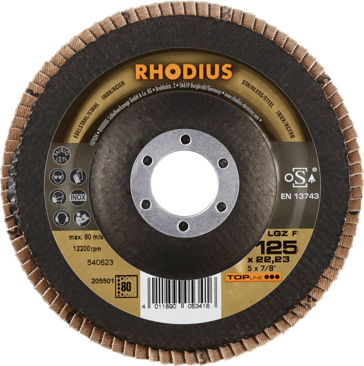 Rundsander der Marke Rhodius, Modell LGZ F1 mit Abmessungen 125 x 22,23 mm, geeignet für Metallbearbeitung, max. 80 m/s.