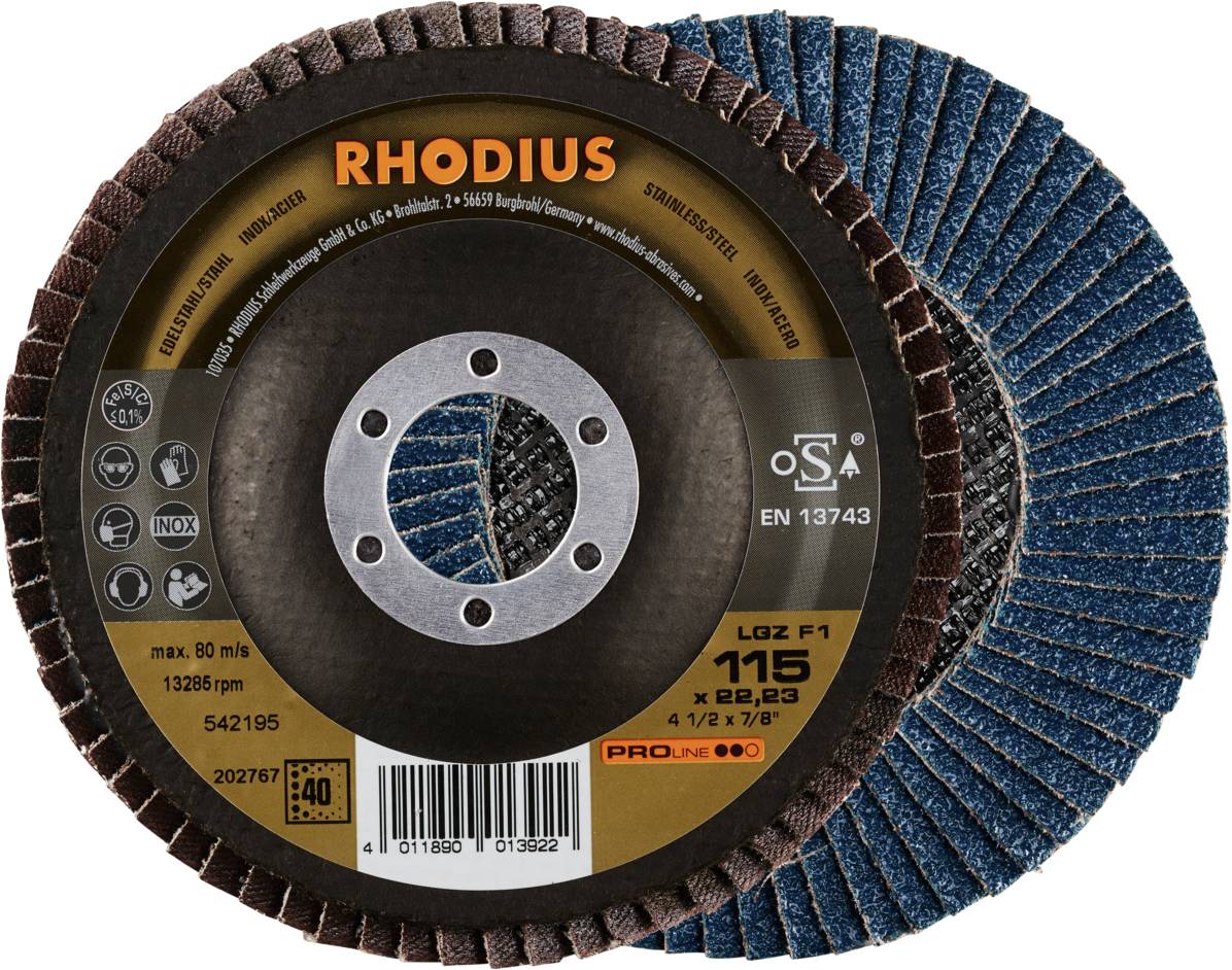 Schleifscheibe von Rhodius in Blau und Braun, geeignet für Metallbearbeitung; Durchmesser 115 mm, max. 80 m/s, 13.286 U/min.