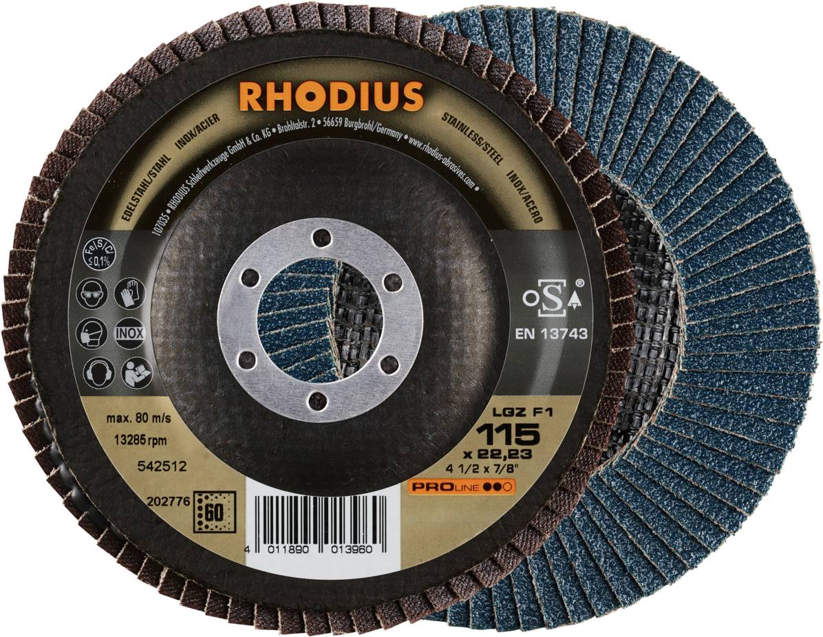 Schleifscheibe von Rhodius, 115 mm, geeignet für Metallbearbeitung, max. 80 m/s, Symbolen für Sicherheit und Verwendungshinweise.