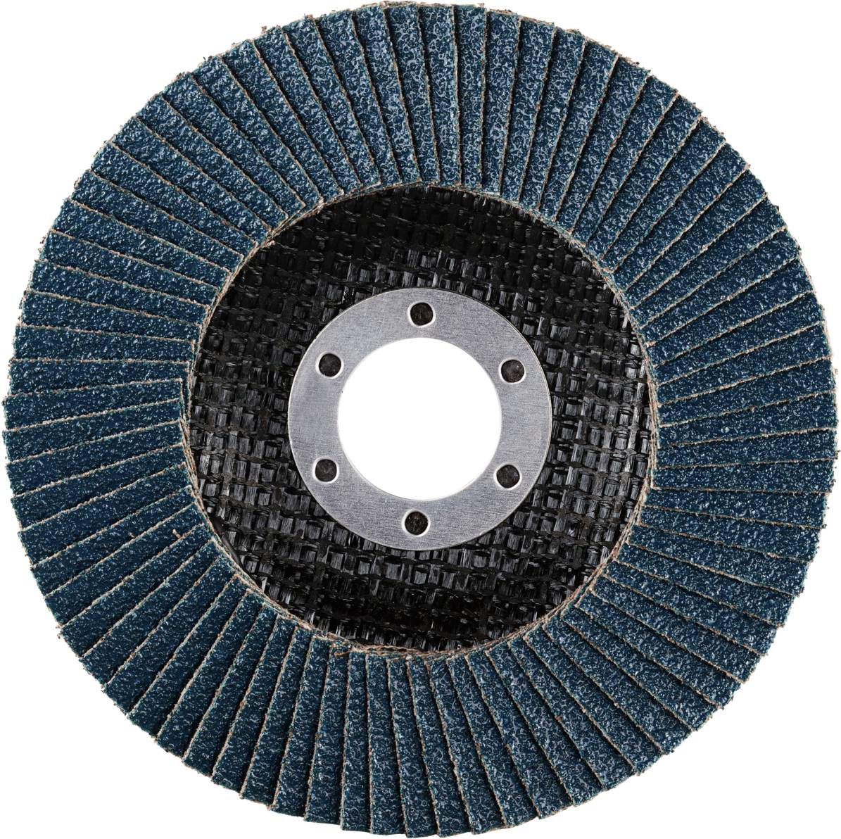 Eine Schleifscheibe mit blauen Lamellen und einer mittigen Öffnung für die Befestigung.