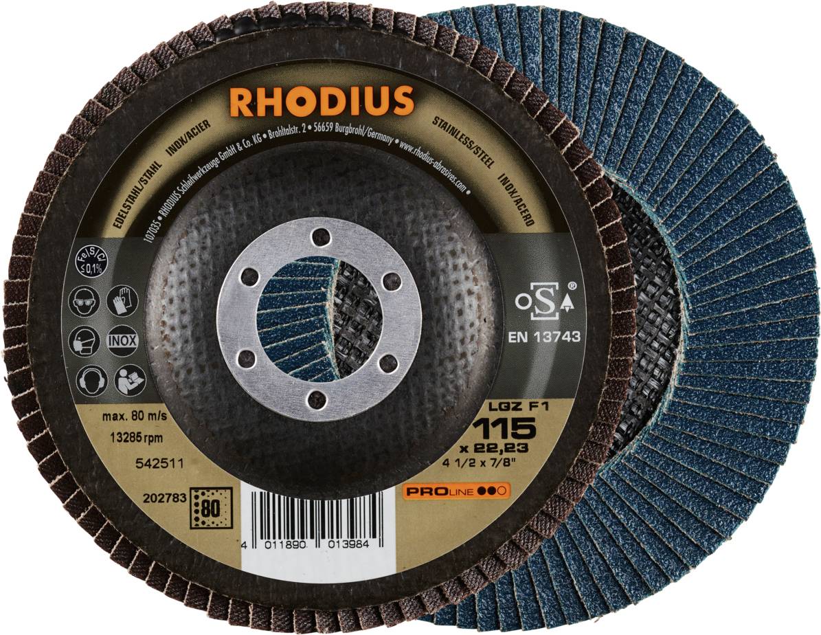 'RHODIUS' Schleifscheibe, Typ LGZ F1, 115 mm Durchmesser, geeignet für Metallbearbeitung, max. 13.286 U/min, erfüllt EN 13743.
