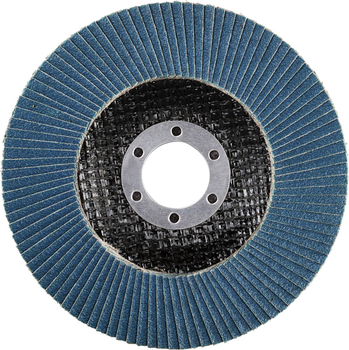 Ein blauer Schleifteller mit grober Körnung. Die kreisförmige Anordnung der Schleifblätter ist auf einem schwarzen Träger montiert.
