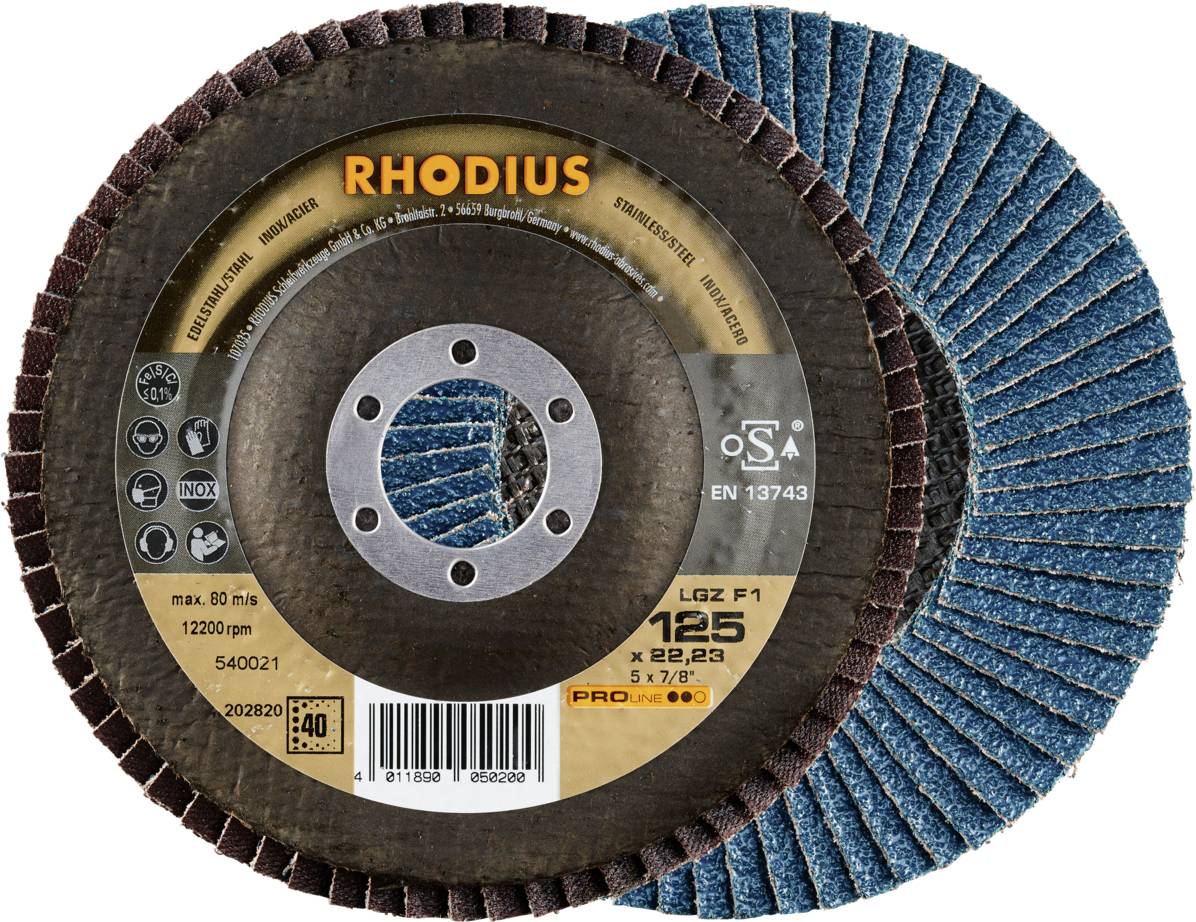 Zwei Rhodius Schleifscheiben mit blauen Lamellen, geeignet für Metallbearbeitung. Drehzahl max. 12200 U/min.