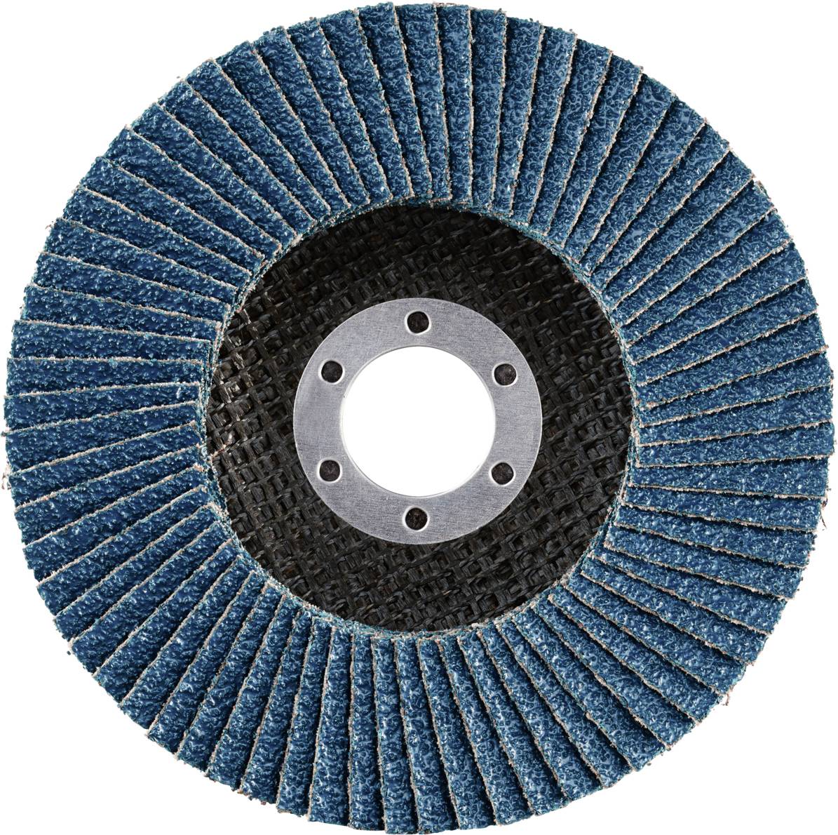 Schleifscheibe mit blauen Lamellen, kreisförmig angeordnet um ein zentrales Loch. Verwendet zum Schleifen von Metalloberflächen.