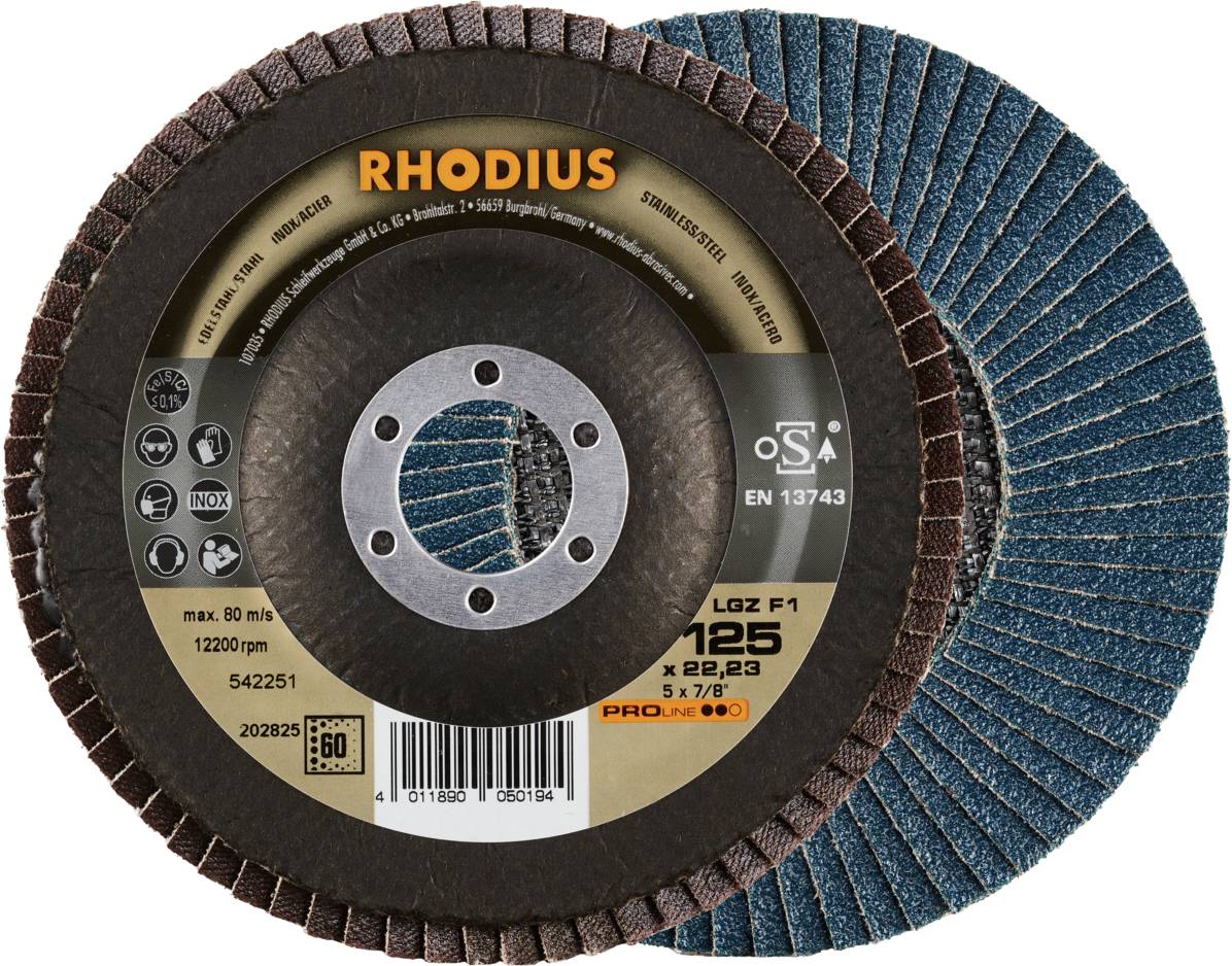 'RHODIUS' Schleifscheibe, Modellnummer LGZ F1, max. 12200 U/min, geeignet für Metall, zeigt blaue Lamellen und braunen Innenkreis.
