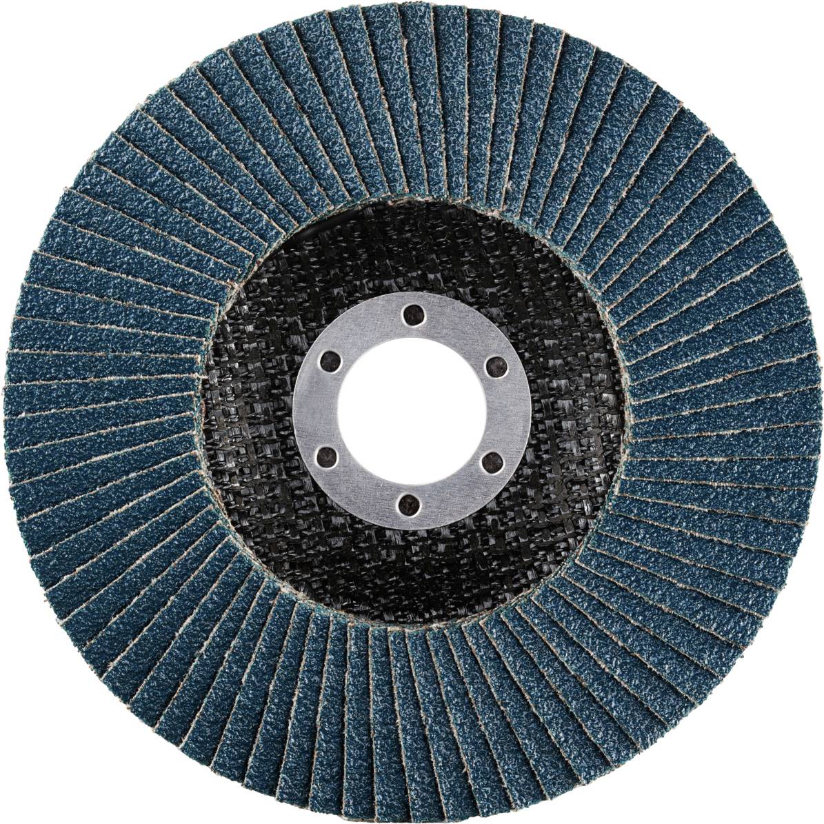 Schleifscheibe mit blauen Lamellen, kreisförmig angeordnet um eine Metallplatte mit sechs Löchern in der Mitte. Verwendet zum Schleifen.