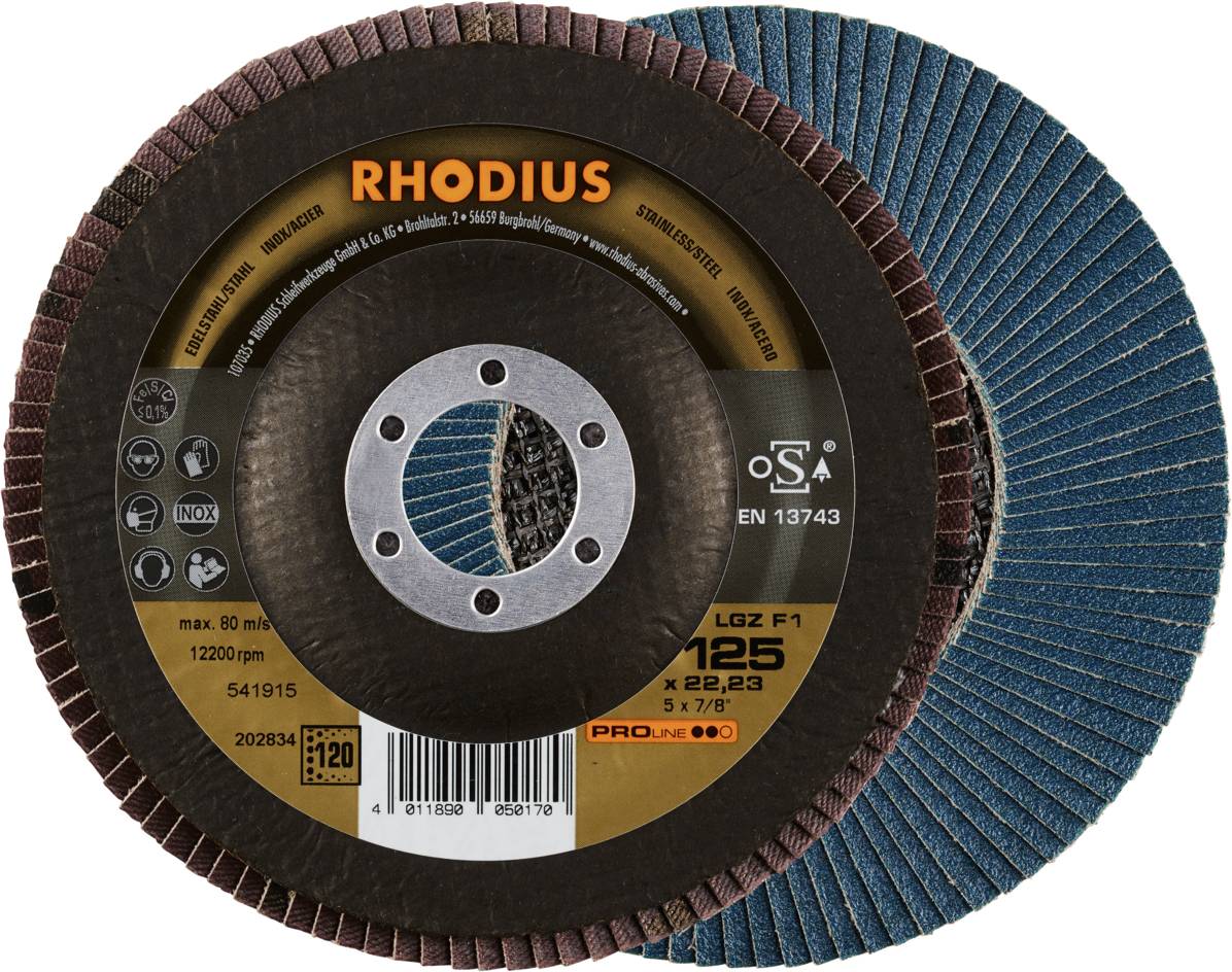 Schleifscheibe mit Markenname 'Rhodius', Durchmesserangabe 125 mm, geeignet für bis zu 12200 U/min.