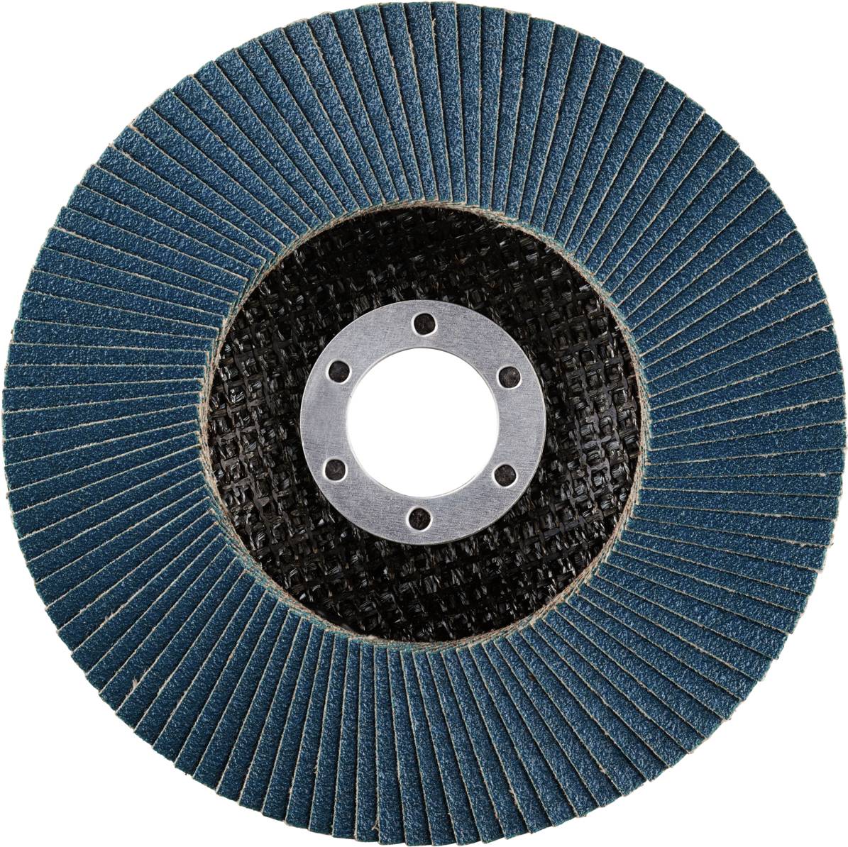 Fächerschleifscheibe mit blauen Lamellen und mittigem Loch, geeignet zum Schleifen von Metalloberflächen.
