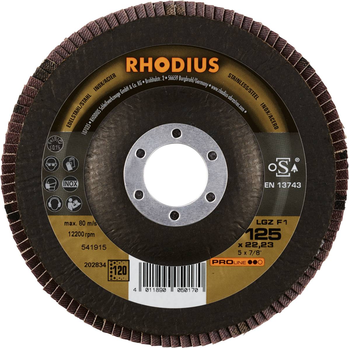 'RHODIUS Schleifscheibe', industrielle Schleifscheibe mit Angaben zur Drehzahl und Größe, hauptsächlich für Metallbearbeitung geeignet.