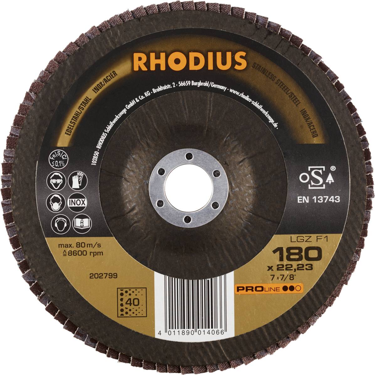 Schleifscheibe mit Spiralstruktur, Marke 'RHODIUS', Durchmesser 180 mm, max. Drehzahl 8600 U/min, geeignet für Stahl und Inox.