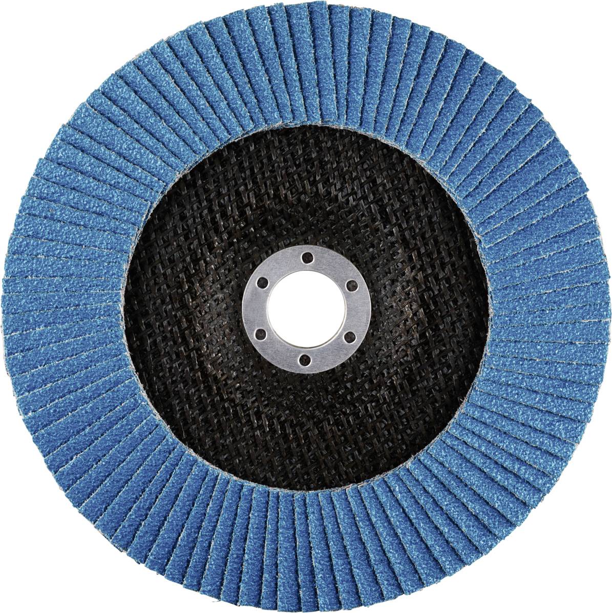 Schleifscheibe mit blauem Schleifpapier und zentraler Metallöffnung, verwendet für Oberflächenbearbeitung und Polieren von Materialien.