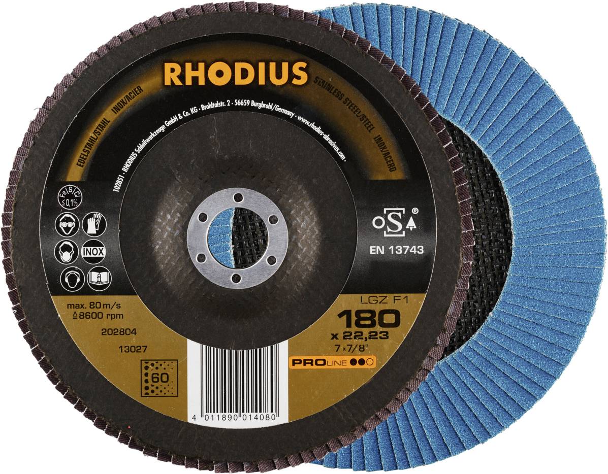 'RHODIUS' Schleifscheiben, 180 mm Durchmesser, kombiniert Kornscheibe (braun) und Lamellenscheibe (blau). Für Metallbearbeitung.