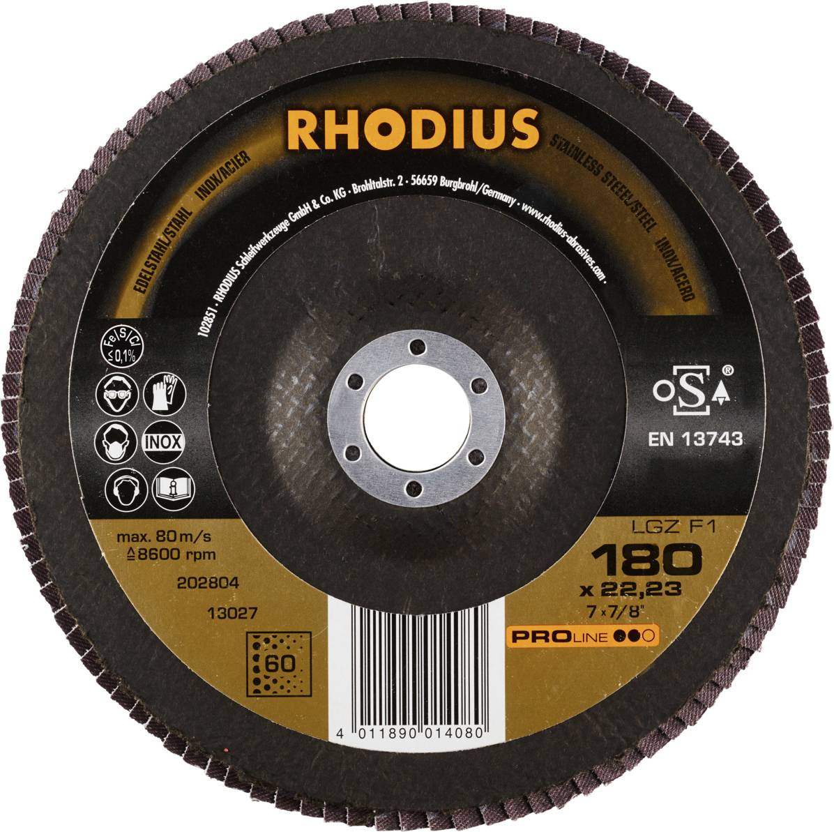 Schleifscheibe mit Aufdruck 'RHODIUS' in orange. Durchmesser 180 mm, maximale Geschwindigkeit 80 m/s, geeignet für Edelstahlbearbeitung.