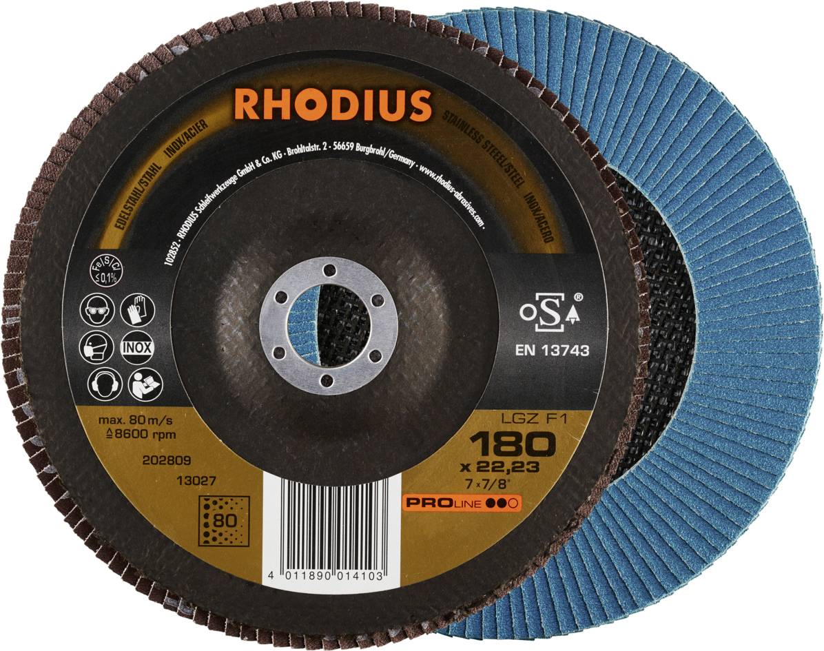 Darstellung einer RHODIUS Schleifscheibe mit Angaben wie 180 x 22,23 mm, max. 80 m/s, 8600 rpm. Geeignet für INOX. EN 13743 zertifiziert.