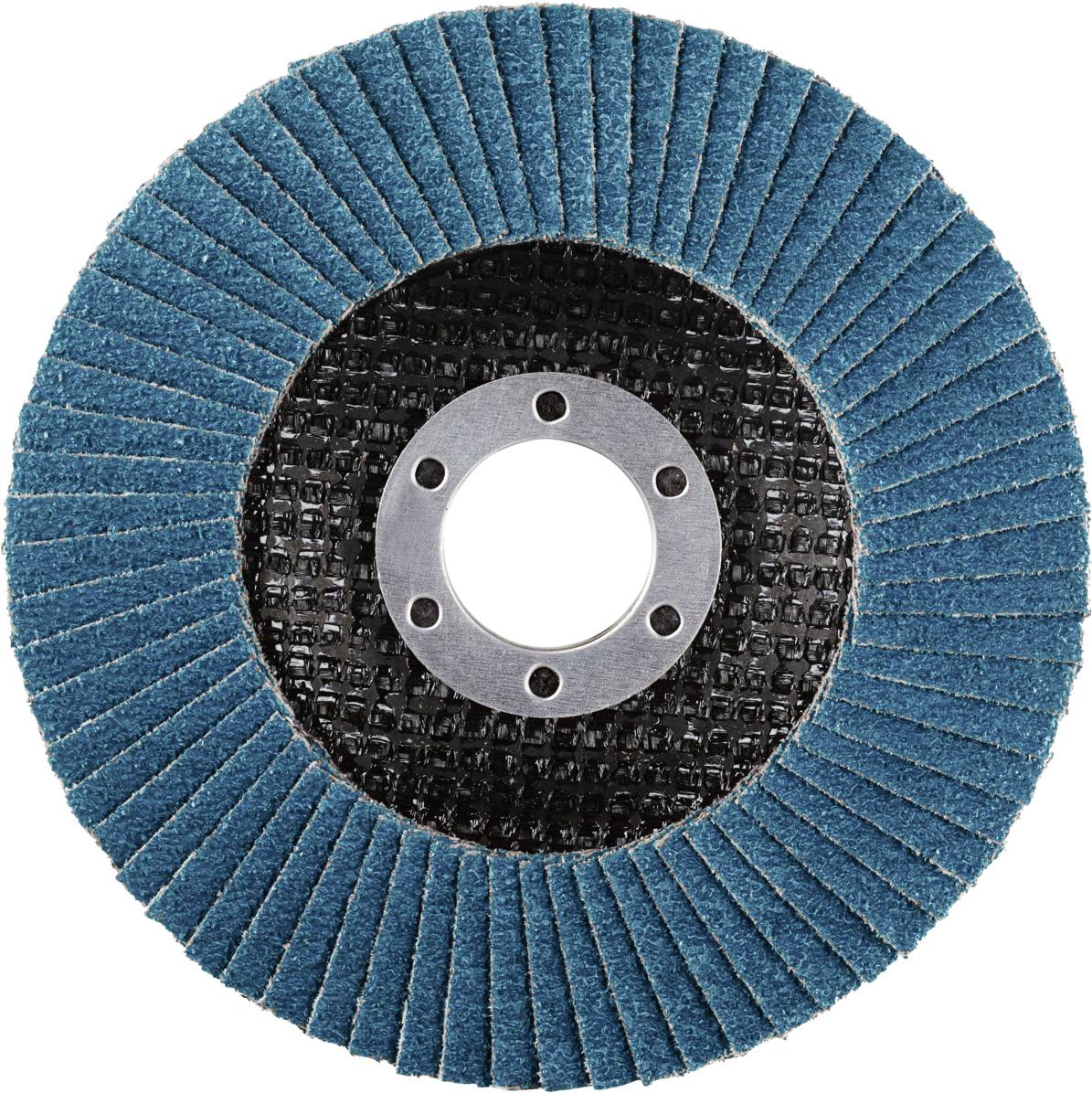 Schleifscheibe mit blauen Lamellen und schwarzem Zentrum, verwendet zum Schleifen oder Polieren.