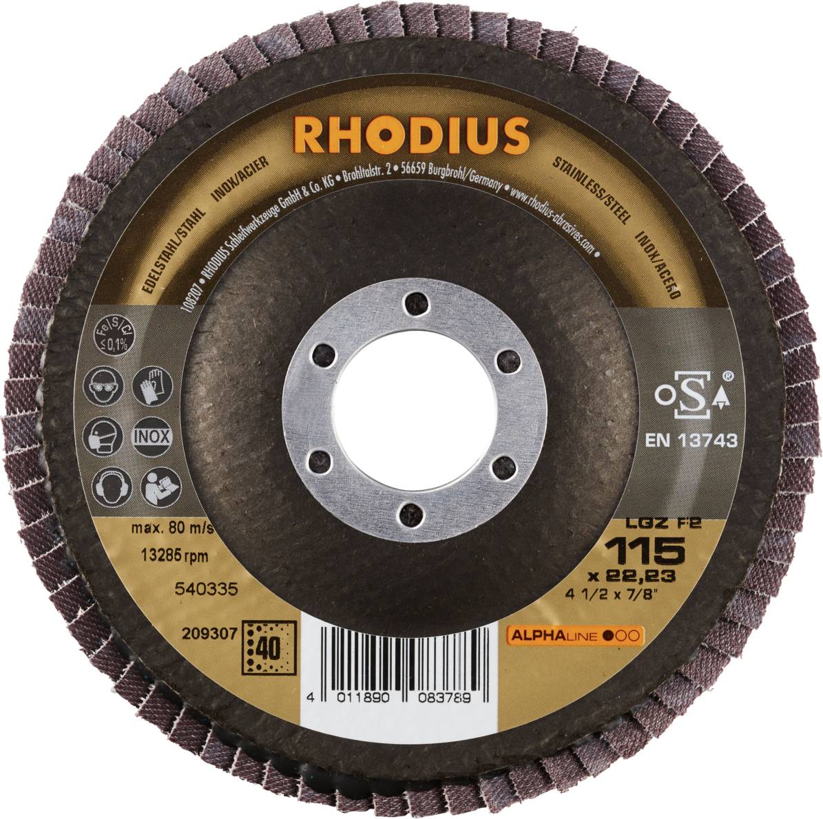 Rhodius 209307 LGZ F2 Fächerschleifscheibe Edelstahl, Stahl 10St.