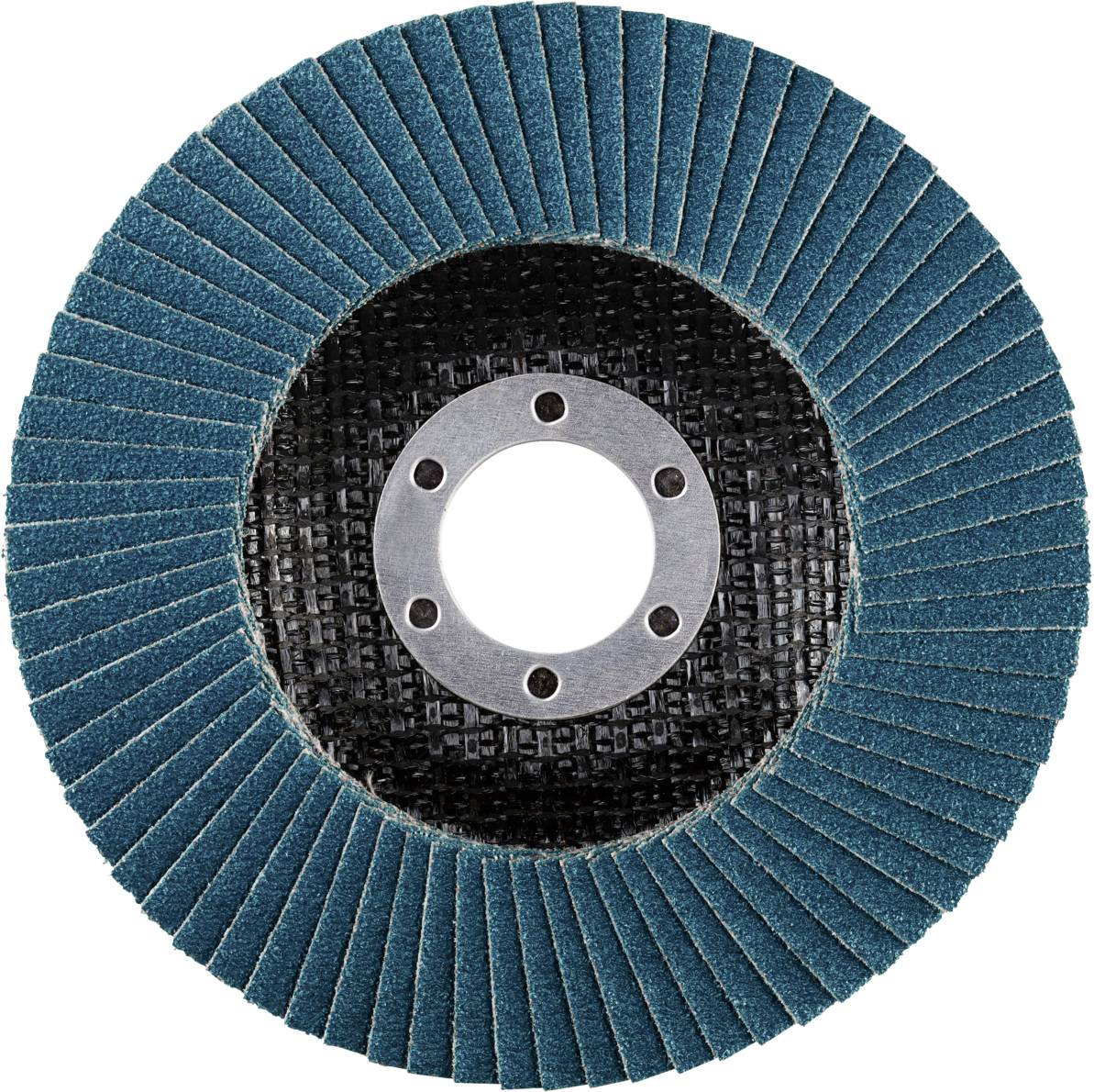 Bild einer Schleifscheibe mit blauen Lamellen und einem zentralen Befestigungsloch. Verwendet zum Schleifen und Polieren von Oberflächen.