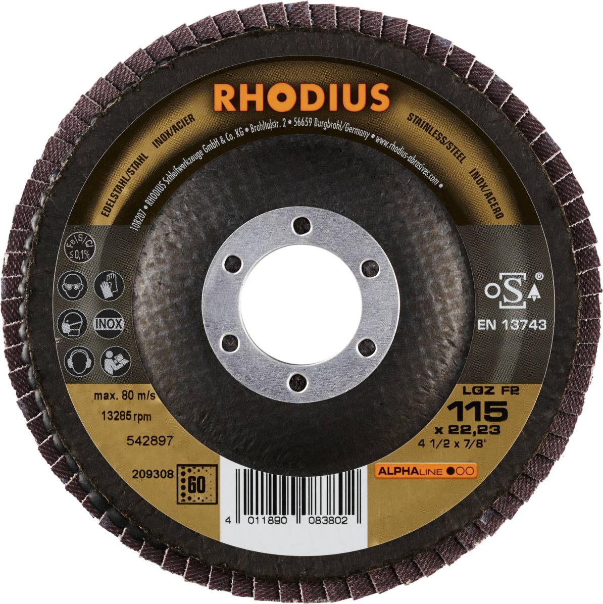 Schleifscheibe mit Aufdruck 'RHODIUS' und techn. Daten, geeignet für Stahlbearbeitung. Zentrales Loch zur Befestigung an Werkzeugen.