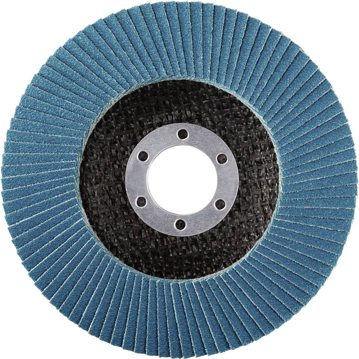 Eine Schleifscheibe mit blau-grünen Lamellen, die in kreisförmiger Anordnung um eine zentrale Metallöffnung befestigt sind.