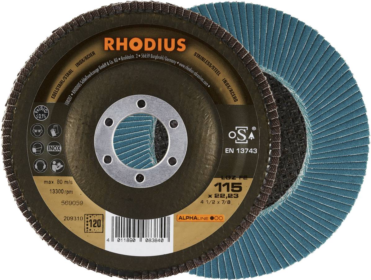 Schleifscheibe der Marke Rhodius, Modellnummer 115, geeignet für Edelstahl und Metalle, mit einer maximalen Drehzahl von 13.300 U/min.