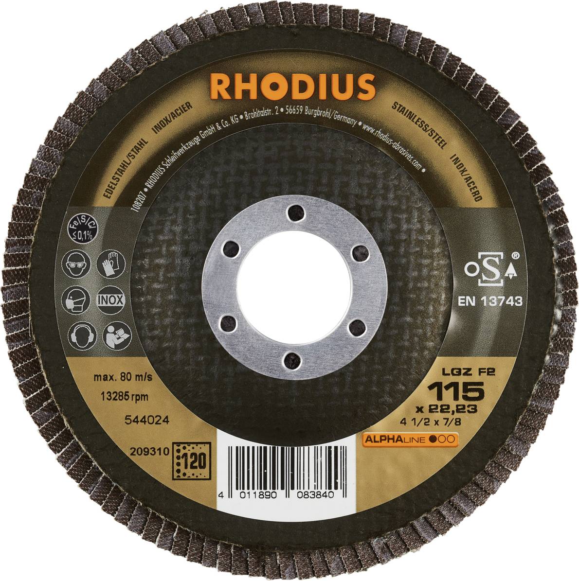 Rhodius 209310 LGZ F2 Fächerschleifscheibe Edelstahl, Stahl 10St.