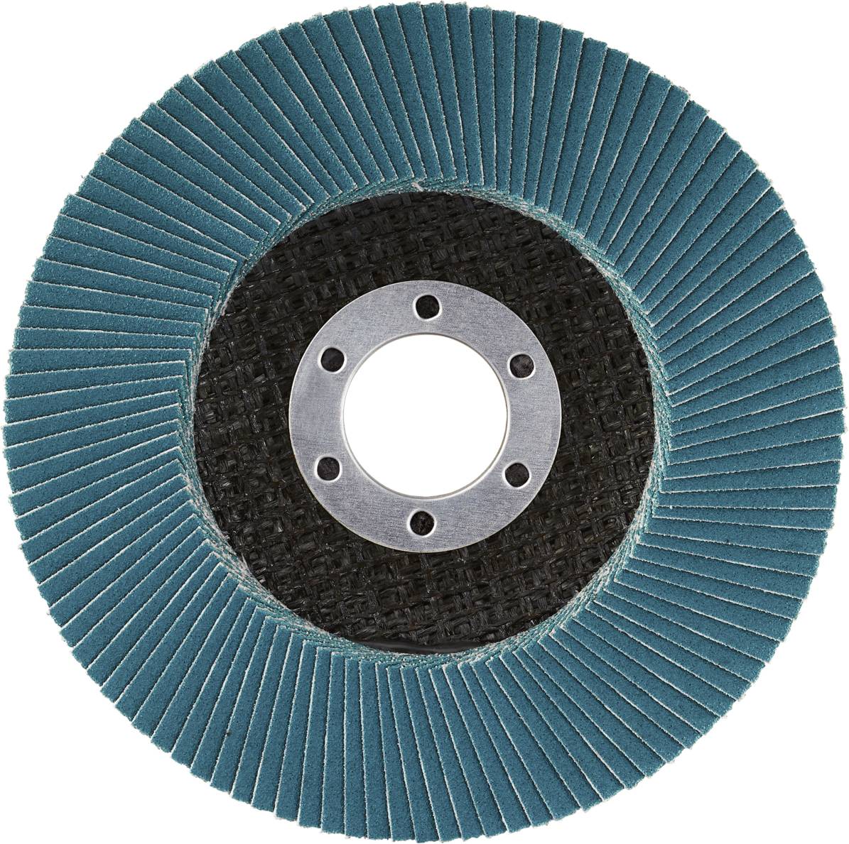 Rundschleifscheibe mit blauen Lamellen und zentralem Metallloch, verwendet für Schleifarbeiten auf metallischen Oberflächen.