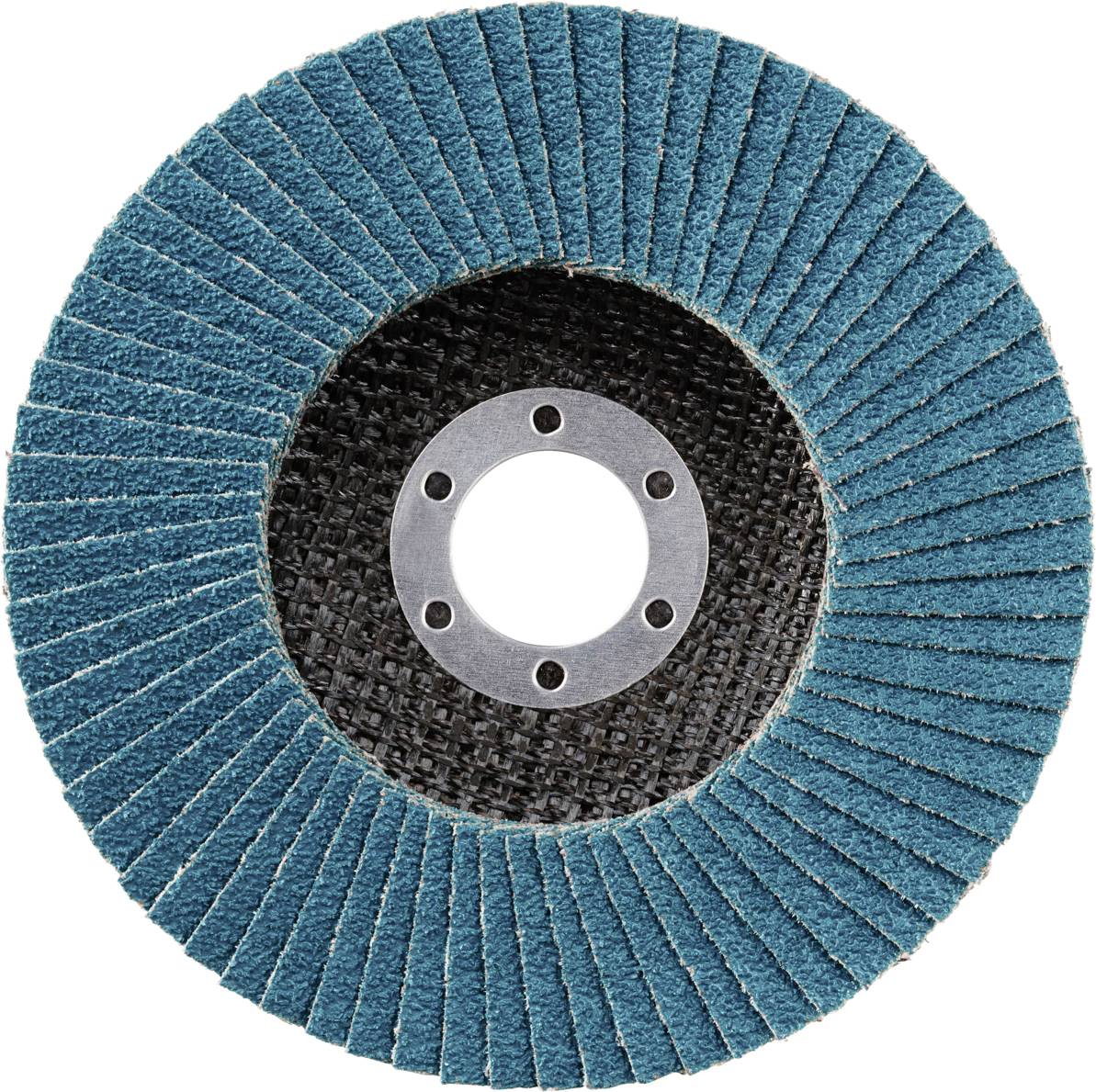 Eine runde Schleifscheibe mit blauen Lamellen und einem Metallzentrum. Verwendet für das Schleifen von Materialien.