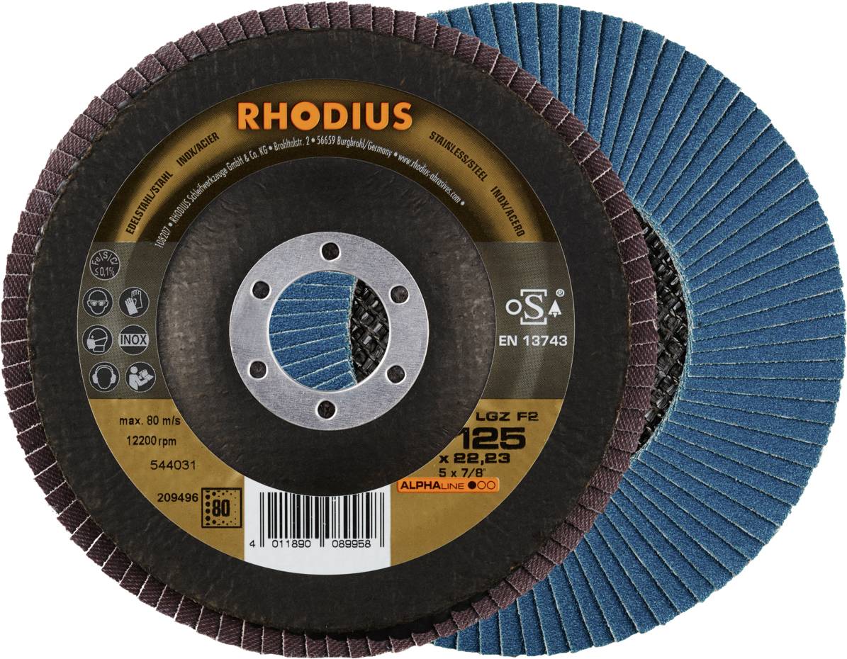 Zwei Schleifscheiben von Rhodius, eine Vorderansicht mit Markierungen und Spezifikationen, eine Rückansicht mit blauer Schleiffläche.