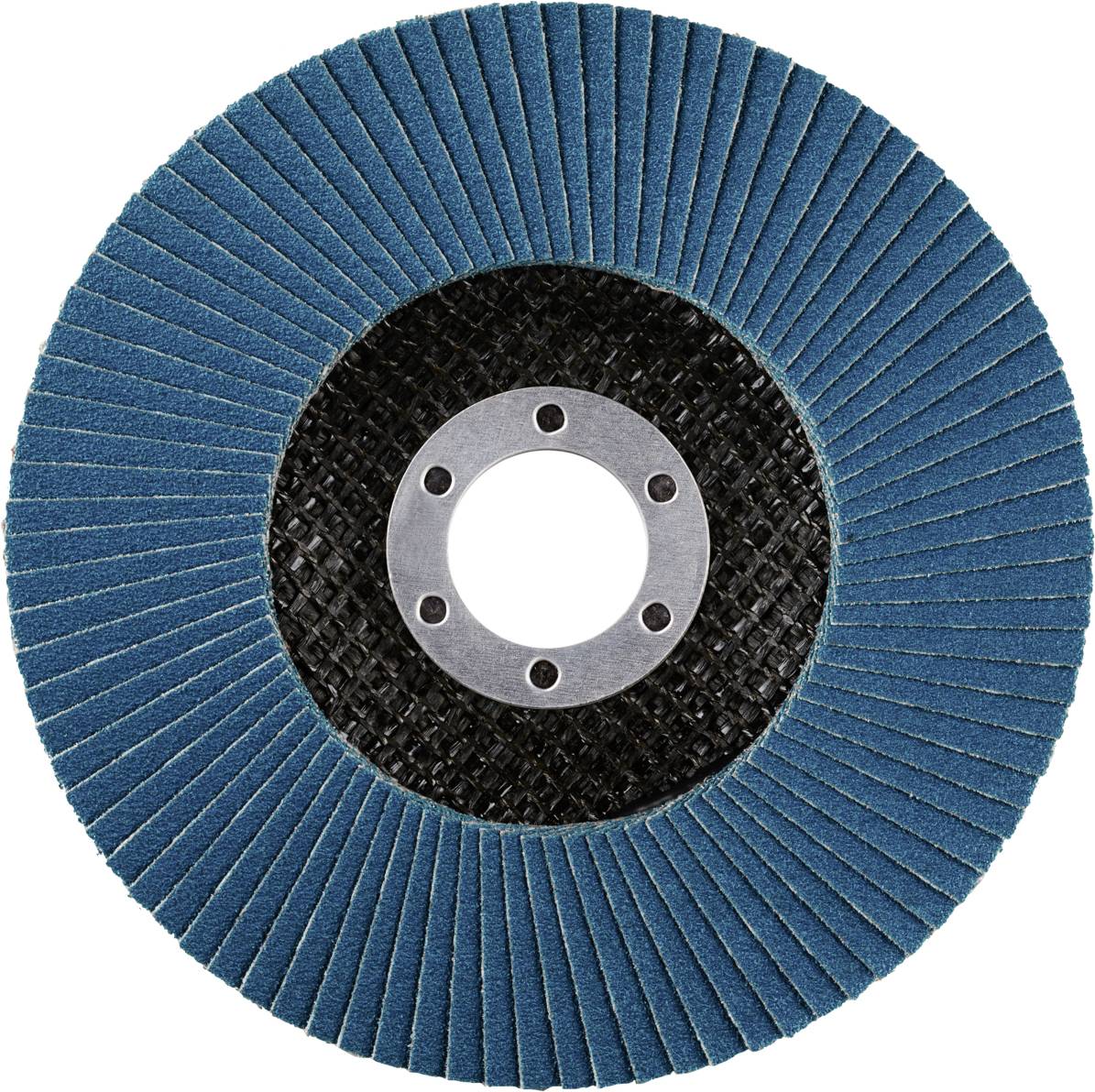 Ein blauer Schleifteller mit mehreren Lamellen, um einen zentralen Metallring mit einem Loch in der Mitte. Verwendet zum Schleifen.