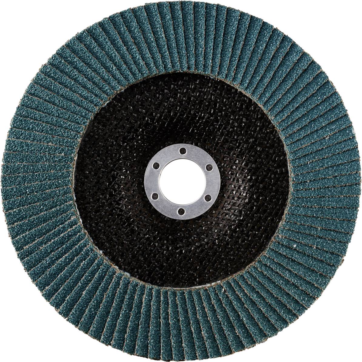 Runde Schleifscheibe mit radial angeordneten Schleifblättern für Metallbearbeitung. Mitte hat eine zentrale Öffnung zur Befestigung.