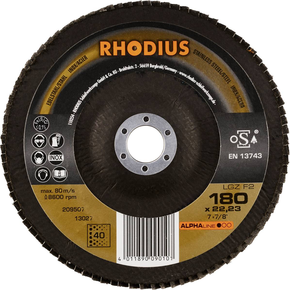 Eine Trennscheibe der Marke Rhodius, 180 mm Durchmesser, geeignet für Edelstahl, mit Angaben zu Drehzahl und Herstellerinformationen.