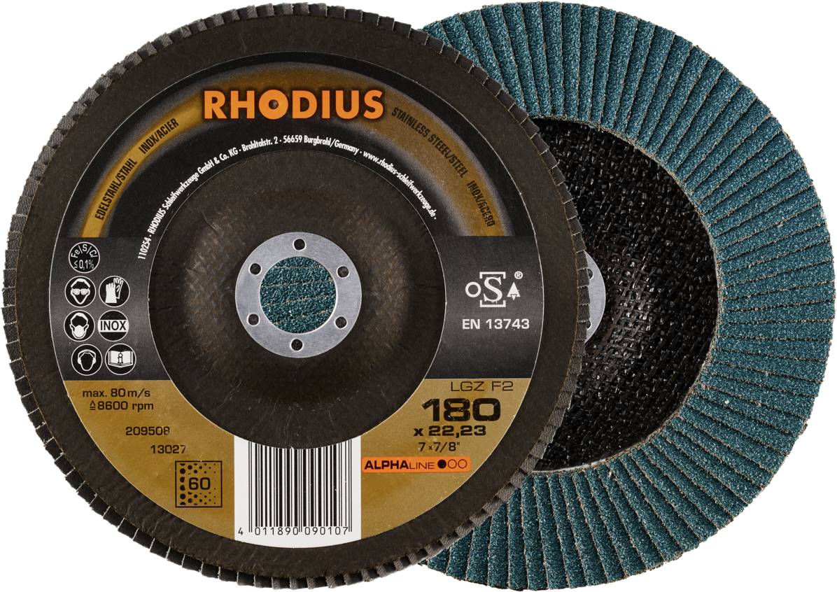 'RHODIUS Flap Disc' zeigt zwei Schleifscheiben: eine Seite mit Hersteller- und Produkthinweisen, die andere mit Schleiflamellen.