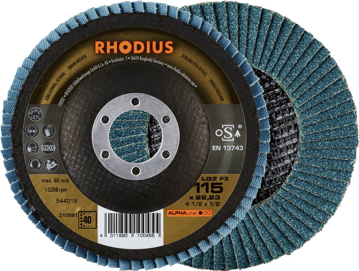 Schleifscheibe mit der Aufschrift 'RHODIUS', geeignet für Metallbearbeitung. Spezifikationen: 115 mm Durchmesser, max. 80 m/s.