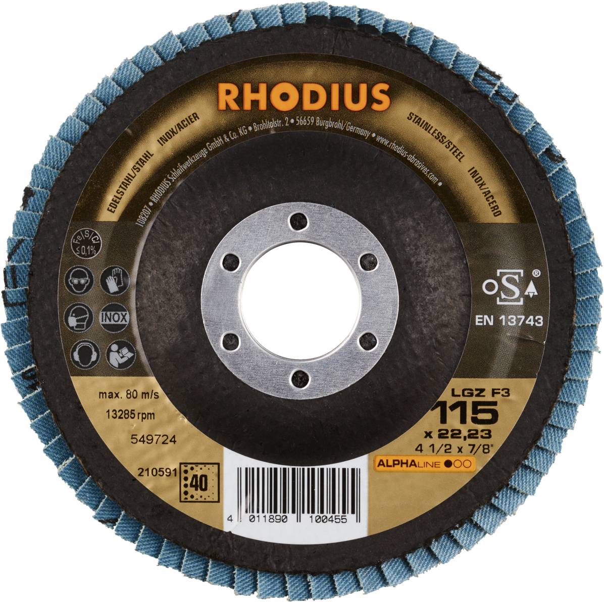 Schleifscheibe der Marke 'RHODIUS', Modell LGZ F3, Durchmesser 115 mm, max. 80 m/s, 13285 U/min, geeignet für Edelstahl.