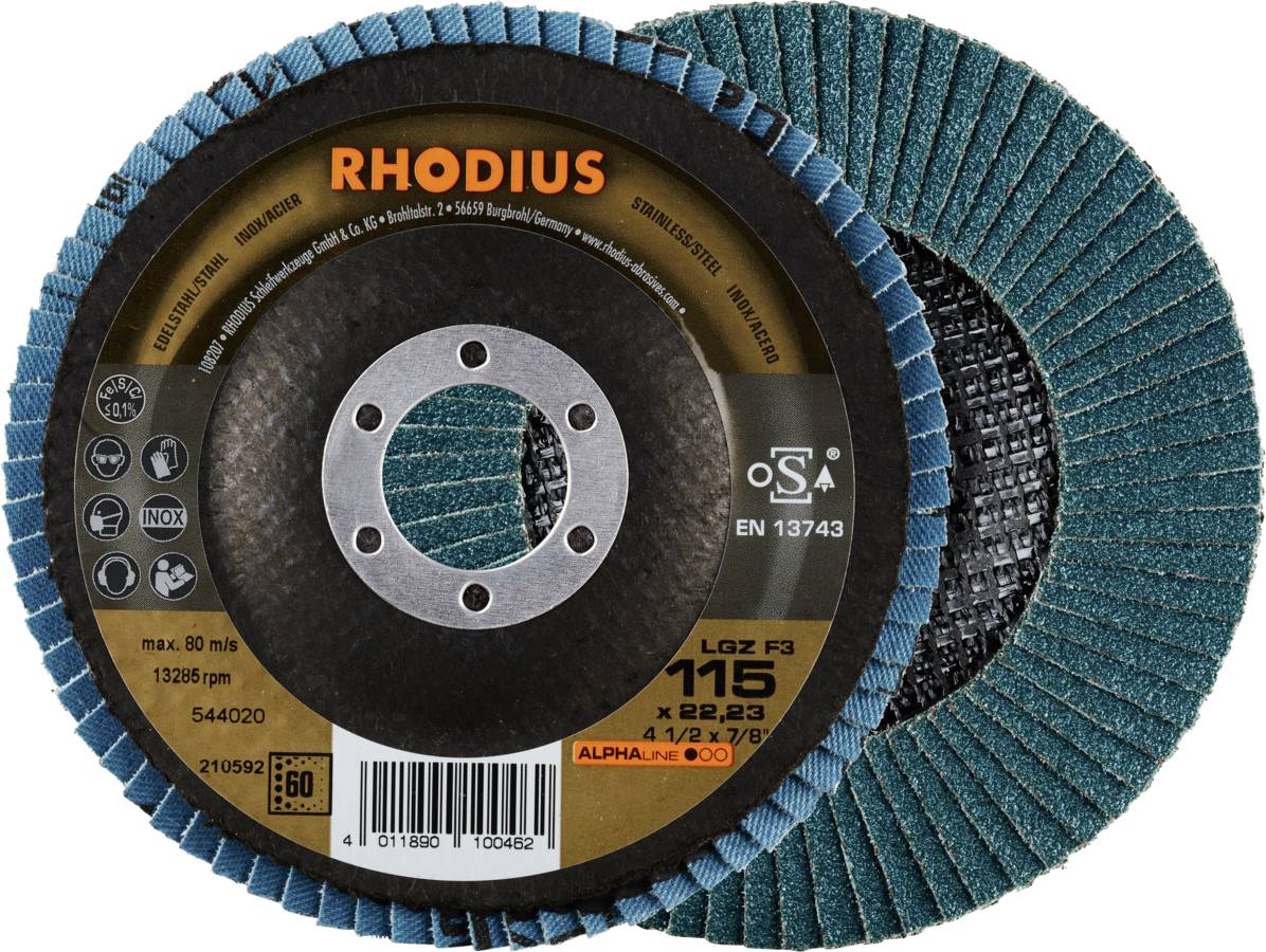 Schleifscheibe von Rhodius, Modell LGZ F3, Durchmesser 115 mm, max. Umdrehungen 13.260 pro Minute, geeignet für INOX, Holz und Metall.