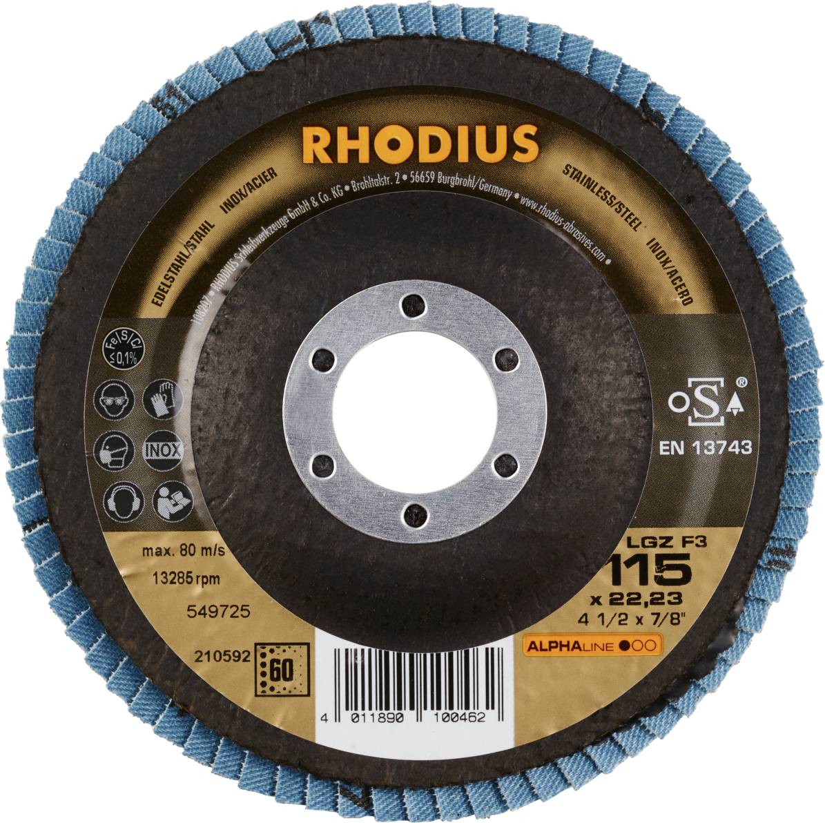 'RHODIUS' Schleifscheibe mit blauer Kante, max. 80 m/s, 13265 rpm. Durchmesser 115 mm. Geeignet für Edelstahl, mit Sicherheitslogo.