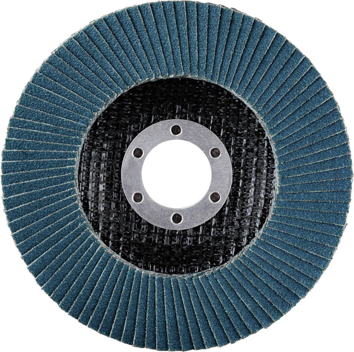 Schleifscheibe mit blauen Schleifblättern und rundem Zentrum, geeignet für Metall- und Holzbearbeitung.