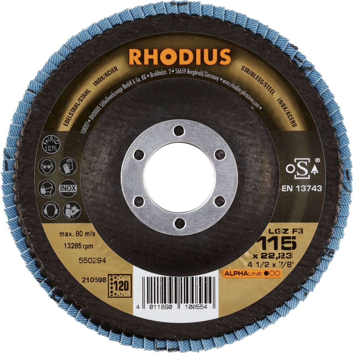 Rhodius 210598 LGZ F3 Fächerschleifscheibe Edelstahl, Stahl 10St.