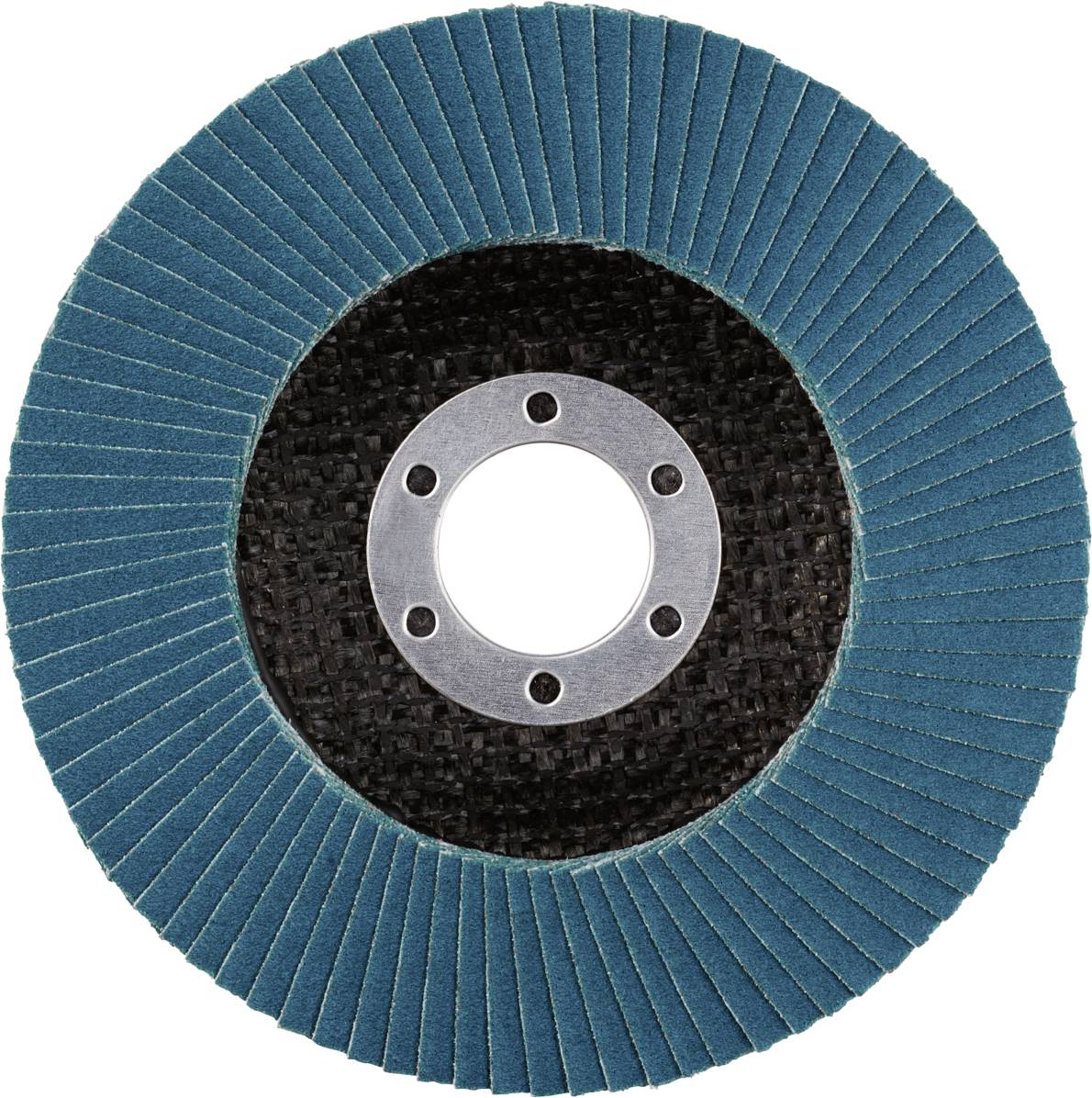Eine blaue Schleifscheibe mit radial angeordneten Schleiflamellen und einer zentralen Befestigungsöffnung.