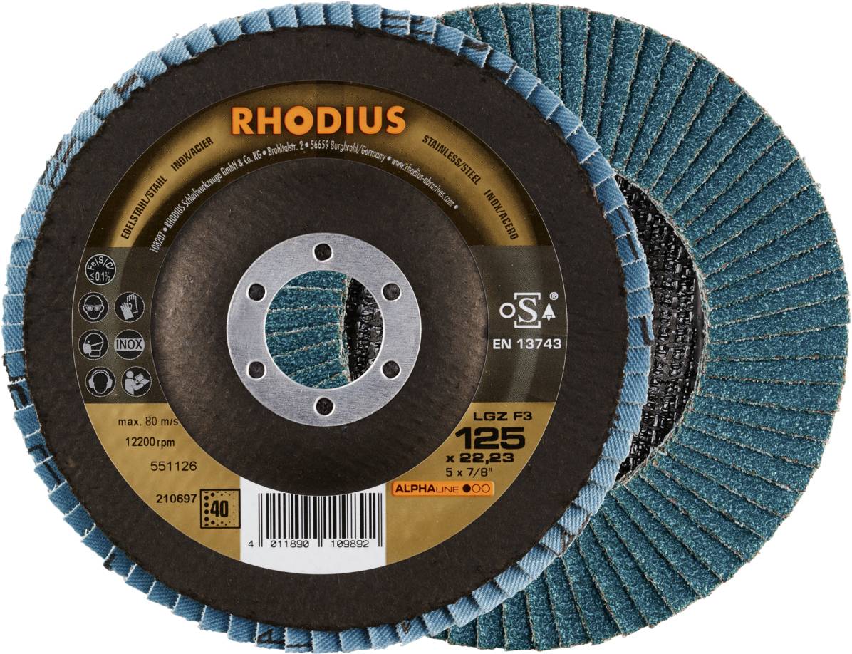 RHODIUS 125 mm Schleifscheibe aus robustem Material, geeignet für Metallbearbeitung, mit hoher Drehzahl und Leistungsfähigkeit.